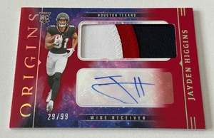 lot 40 image: Jayden Higgins RPS 99 2025 Origins #RJJ-JHS Auto Multi-Color Jumbo Patch Numbered 2999 Rookie Football Card