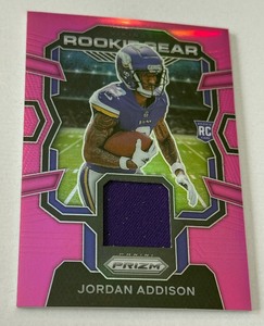 lot 112 image: Jordan Addison RC Relic 2023 Pink Prizm Rookie Gear #RC-JA Minnesota Vikings Football Card