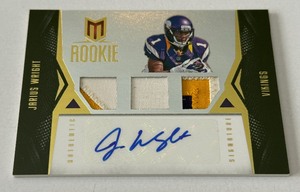 lot 177 image: Jairus Wright RPA 49 Auto Mult-Patch 2012 Prime #135 Numbered 3449 Rookie Minnesota Vikings Football Card