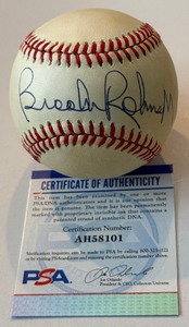lot 15B image: Brooks Robinson Auto Ball PSA COA Rawlings OALB Brown Baseball