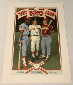 lot 45B image: Lou Brock, Carl Yastrzemski, Pete Rose Autographed 3,000 Hit Club Vintage Baseball Poster 13.5x20