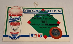 lot 52B image: 1986 Vintage Baseball Slurpee Coin Cup 7-11 Advertisement, 2-Sided 22x14