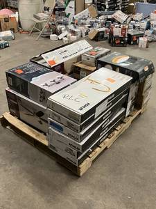 lot 12 image: Massive Pallet of Brand Name Misc Faucets, Showers, Fixtures, Towel Bars, Bathroom Fans, Ceiling Fans, Lights, and More (Parts Only) (Great for eBay Sellers)