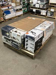 lot 15 image: Massive Pallet of Brand Name Misc Faucets, Showers, Fixtures, Towel Bars, Bathroom Fans, Ceiling Fans, Lights, and More (Parts Only) (Great for eBay Sellers)