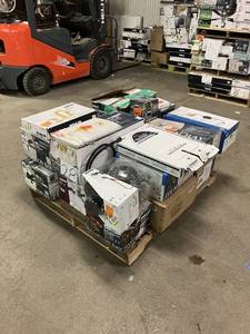 lot 28 image: Massive Pallet of Brand Name Misc Faucets, Showers, Fixtures, Towel Bars, Bathroom Fans, Ceiling Fans, Lights, and More (Parts Only) (Great for eBay Sellers)