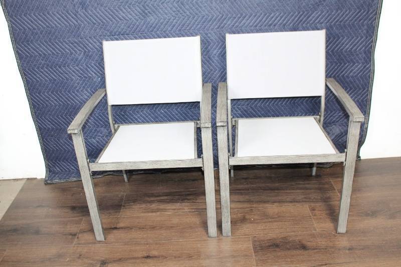 lot 140 image: Set Of 2 Teak And White Mesh Outdoor Chairs