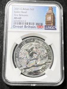 lot 56 image: 2021 BRITTANIA 1 TROY OZ .999 FINE SILVER NGC MS69
