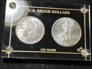 lot 62 image: 1902-O US MORGAN SILVER DOLLAR WITH 2002 AMERICAN SILVER EAGLE IN CASE