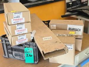 NEW IN BOX BRITPART AND BEARMACH WINDSCREEN GLASS, GASKETS, BONNET HINGES AND HOOD PROPS, BRAKE BOOSTER ASSEMBLY, RUBBER FOOT STEP PAD&nbsp