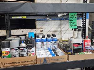 CONTENTS ON 3 SHELVES - LUBRICANTS, PAINT, HARDWARE, MORE.... (right side of rack)