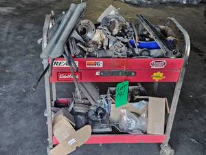 RED SHOP CART WITH USED DRIVE TRAIN PARTS&nbsp