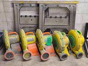 FIVE 750W SHOP BLOWER FANS AND PAIR OF SAW HORSES