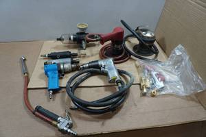 lot 133 image: Assorted Air Tools - Drills, Sander, Hose Accessories