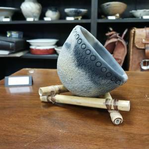 lot 16 image: Lynn Emery Roku Fired small bowl with ornate texture pattern  Over 4.5 inches Wide and 4 inches tall.