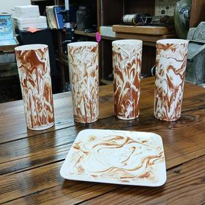 lot 25 image: Hand made in Alaska by Kate - Swirl Marble Brown White � Outdoors Cabin Decor � no chips or cracks Cups are 7 inches tall, plate is 6 inches square