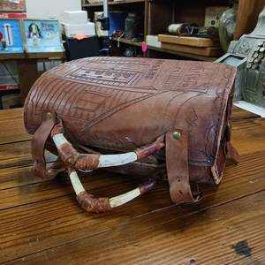 lot 27 image: New � Antler Handled Wayne West Hand Crafted Heavy Duty Thick Leather Travel Bag � Letter stamped with Dalles 1889 - Omaha � Girls � Food � Donner  - Denver � and more
