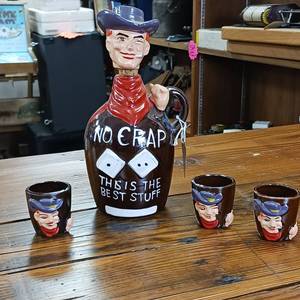 lot 40 image: No Crap Ceramic 1960s Whiskey Corked bottle with 3 matching shot glasses � Made in Japan