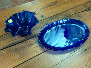 lot 53 image: Two Piece Blue Glass Serving Tray (13 inches) and Ornate Bowl (8 inches)
