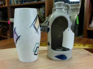 lot 68 image: Hand crafted pottery double candle holder and ceramic vase (8 inches)