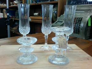 lot 69 image: Made in Finland Glass Candle holders plus 3 nice fluted wine glasses (8.5 inches tall)