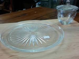lot 70 image: Vintage Lead Crystal plate (8 inches) and etched glass lidded sugar bowl (3.5 inches)