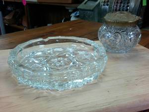 lot 71 image: Vintage Lead Crystal Candy Dish with Rose Lid (4 inches) and Very Very Heavy thick Lead Crystal Serving Platter (8 inches)