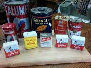 lot 79 image: Large lot of Vintage Tins � Campbell Soup Bank � Calumet � Granger Pipe Tobacco � Spices