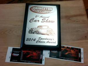 lot 92 image: Princeton Speedway Winners plaque and ticket stubs
