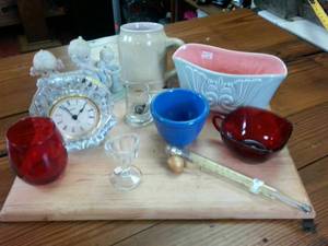 lot 97 image: Collection of glass and cany thermometer � Red Glass � ceramic coffee mug � figurines � Crystal Clock � Redwing Brand Pottery