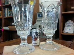 lot 104 image: Massive thick crystal candle holders 1 foot tall