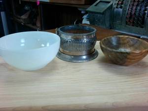 lot 177 image: Fire King Bowl � Wooden Bowl and Silver Plated metal