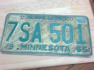 lot 218 image: Vintage 1965 Embossed 10000 Lakes Minnesota License Plate with Nice fractured patina