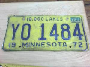 lot 231 image: Yo Vintage 1972 Embossed 10000 Lakes Minnesota License Plate Yellow