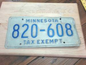 lot 266 image: Minnesota No Year Tax Exempt Embossed License Plate