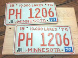lot 281 image: Vintage 1974 (Matching Set) Embossed 10000 Lakes Minnesota License Plate
