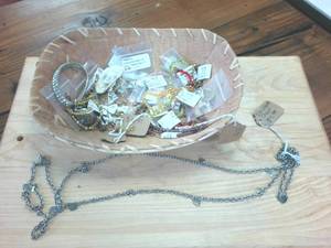 lot 286 image: Large Lot of Costume Jewelry with Handmade Birchbark Carrying Case