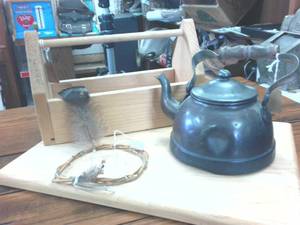 lot 300 image: Metal Tea Pot � Mini wooden tool box and dreamcatcher