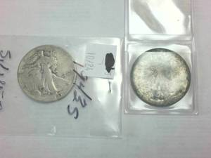 lot 241 image: 2 coins � 1943-s Silver Walking Liberty Half Dollar plus one unknown year worn half Dollar Piece � one dollar face value