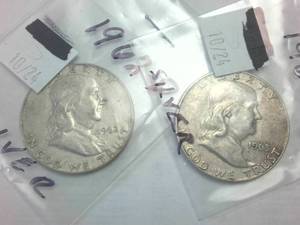 lot 242 image: 2 coins � 1962-D and 1963-D Silver Franklin Half Dollars � one dollar face value