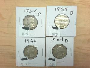 lot 316 image: 4 coins � 1964 Silver Washington Quarters � one dollar face