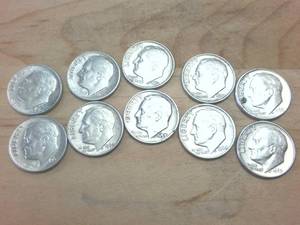lot 319 image: 10 silver coins � Various years Roosevelt Dimes pre-65 in nice shiny bright condition � one dollar face value
