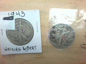 lot 323 image: 2 coins � 1943 and 1943D Silver Walking Liberty Half Silver Dollars �1 dollar face value