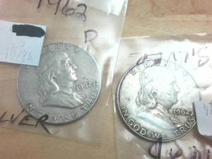 lot 327 image: 2 coins - Franklin half dollars each are 1962D -  one dollar face value