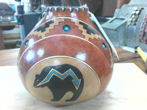 lot 328 image: Turquoise Gold and Silver Crafted Gourd Vessel -  Handmade in Oklahoma by Karen Matheke