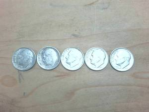 lot 330 image: 5 coin lot � Silver Roosevelt Dimes pre  1965 � 50 cent face value in nice, bright condition