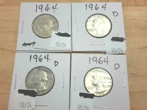 lot 340 image: 4 coin lot � 1964 Silver Washington Quarters � one dollar face value