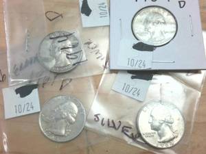 lot 344 image: 4 coin lot � 1964 Silver Washington Quarters � one dollar face value