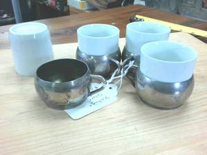 lot 345 image: Vintage Set of Silver Plated cups with ceramic Monopoli inserts