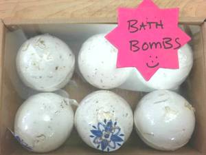 lot 357 image: Bath Bombs � not the kind that explode, the kind that relaxes you  Wine, water and candle, not included.