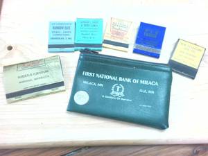 lot 361 image: First National Bank of Milaca Money bag plus collectible local matchbooks � Vintage including  Rainbow Cafe � Schwans � Cottage � New Standard Oil and more